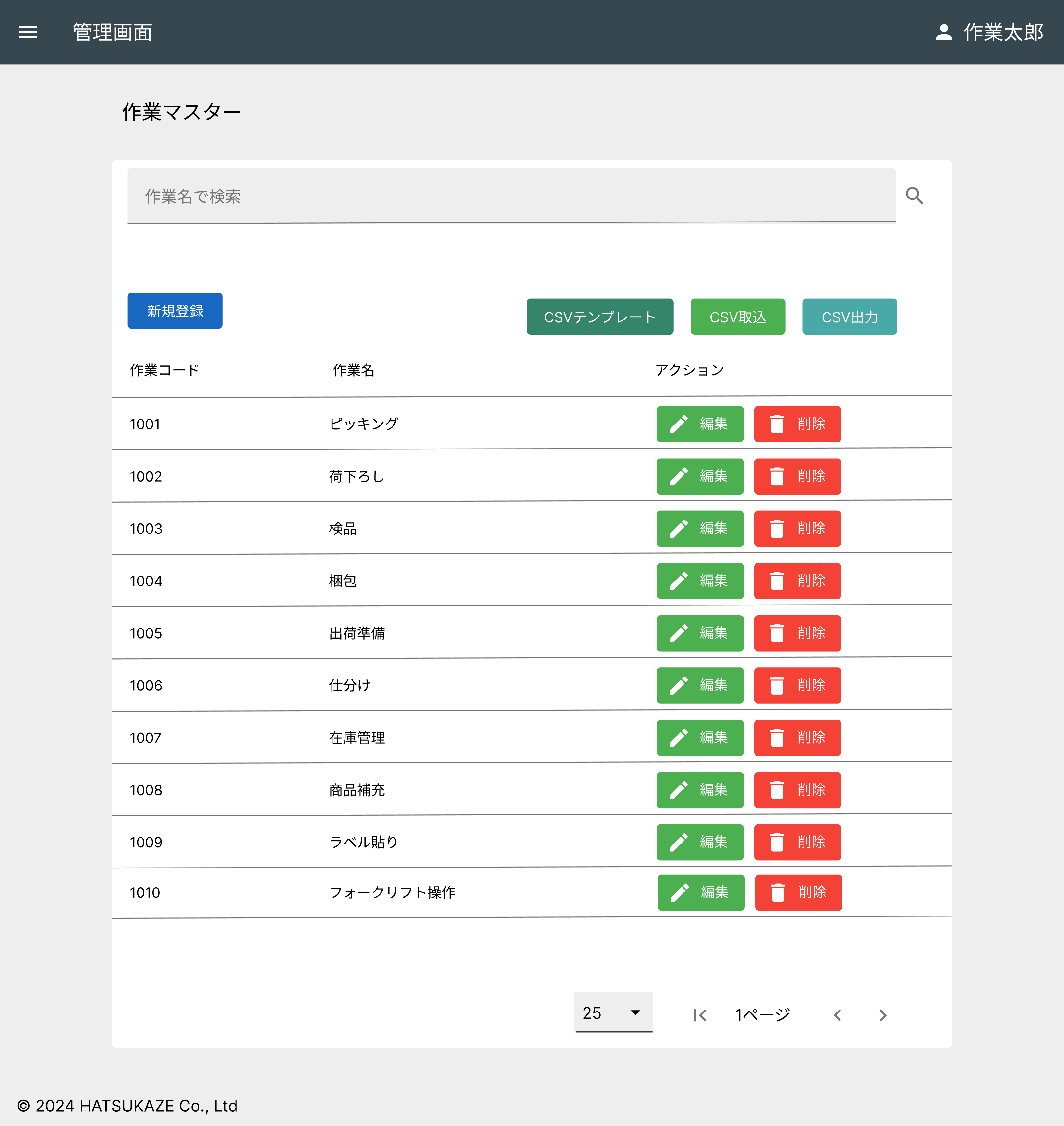作業マスター管理画面
